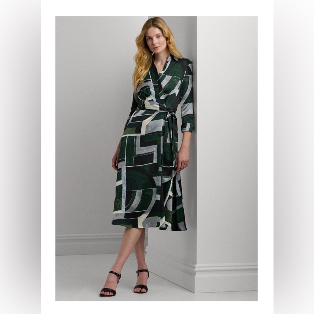 Lauren Ralph Lauren Black Label Geo-Print Satin Charmeuse Midi Dress Size 14 gre